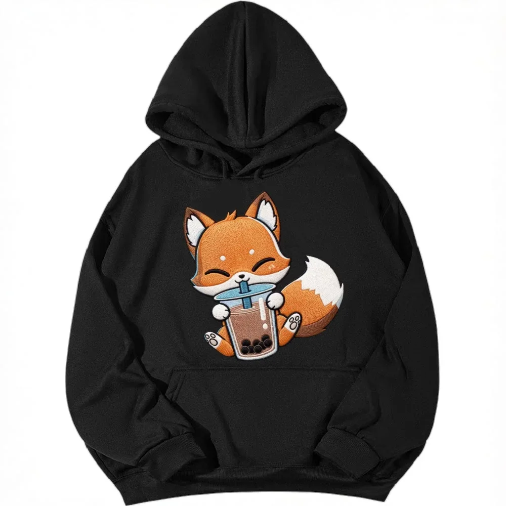 Imitation embroidery printed women's Korean style hoodie, cute plus size sweatshirt, cartoon fox pattern, women's street wear