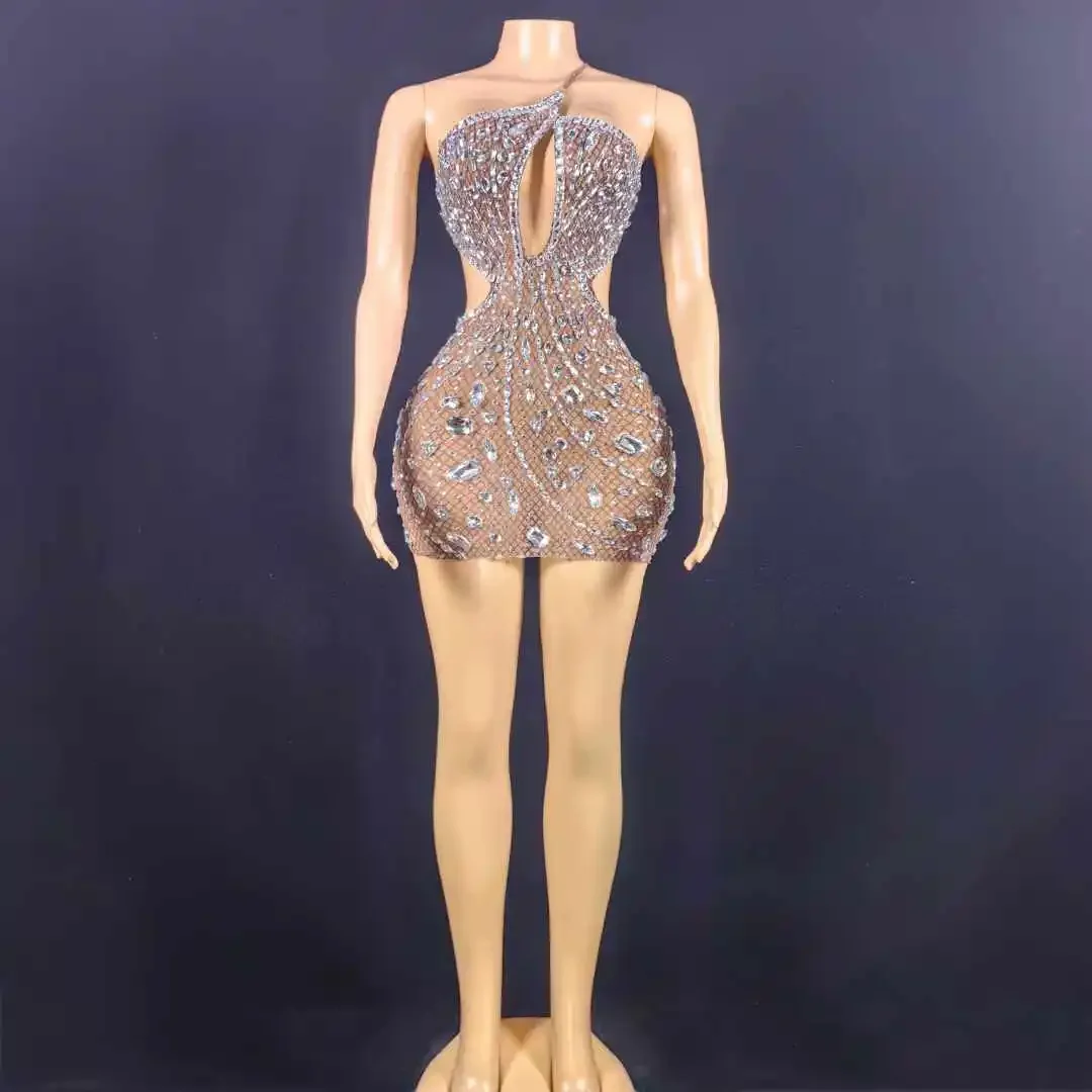 

Women Shinning Rhinestones Sexy Halter Dress Evening Party Performance Costume