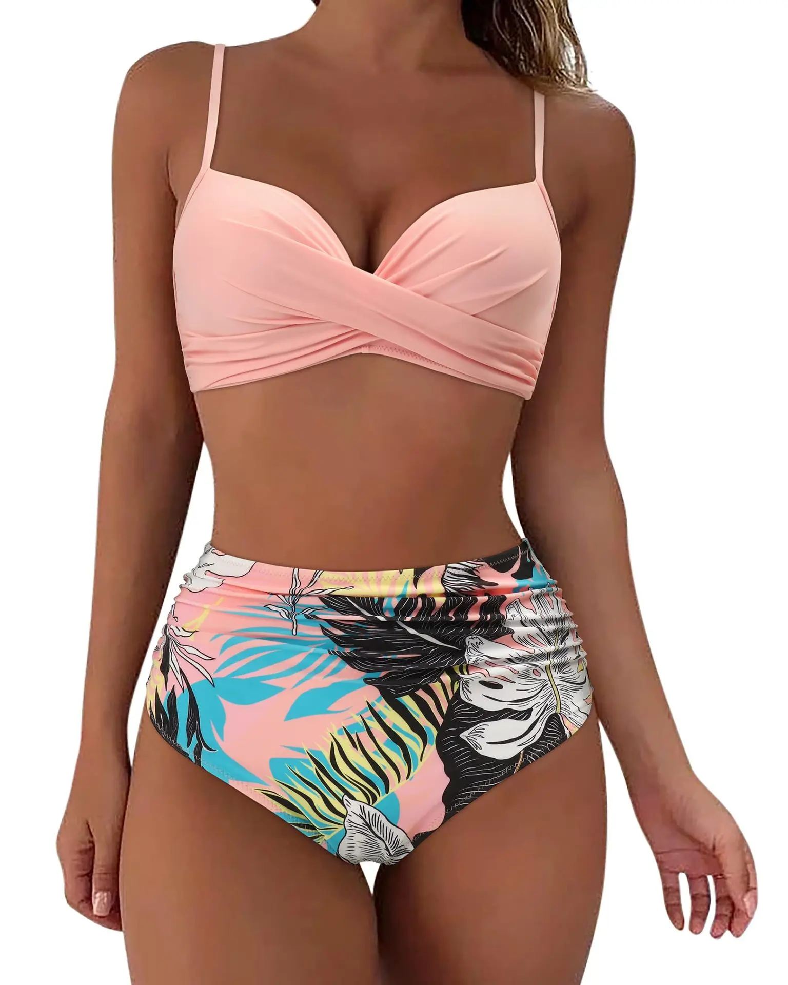 

Women Solid Push Up Swimwear Patchwork Mesh High Waisted Bikini Sexy Ruched Tight Fitting Bikini Set Women'S Swimsuit купальник
