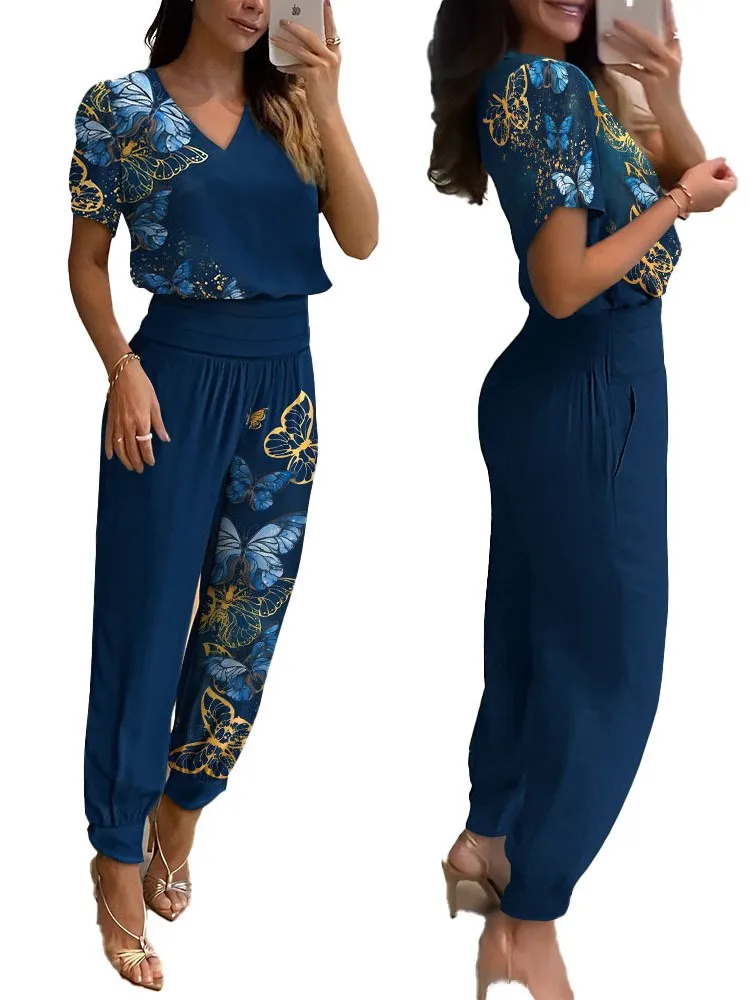 2 Piece Sets Women Outfit Long Pant Set 2024 Summer Casual V-neck Print Short Sleeve Trousers Suit Two-piece Green Tracksuit