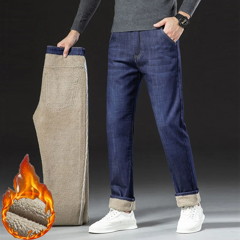 

Winter Lamb Fluff Warm Jeans Men Fleece Lined Warm High Waist Denim Pants Male Fashion Blue Black Straight Leg Trousers