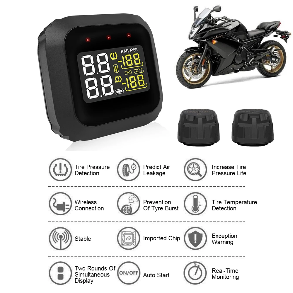 

Система контроля давления в шинах M3 TPMS, 2 датчика, водонепроницаемый ЖК-дисплей, цифровые аксессуары для мотоциклов
