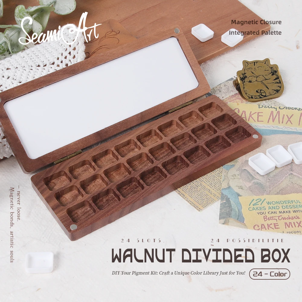SeamiArt 24 Grids Black Walnut Magnetic Painting Box Travel Case for 1ml Pan Watercolor Subpackage