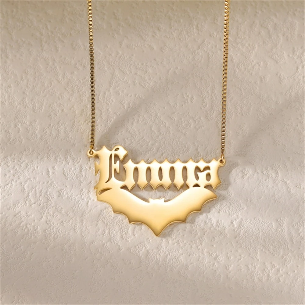 Customized Name Necklaces Personalized Gothic Vintage Bat Fashion Stainless Steel Chain Collar Wholesale Accessories