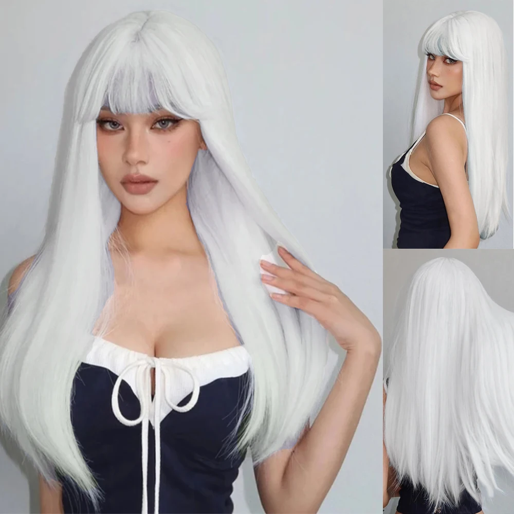 

EFLAG-73CM synthetic off-white heat-resistant wig long straight wig with bangs for women cosplay and daily use