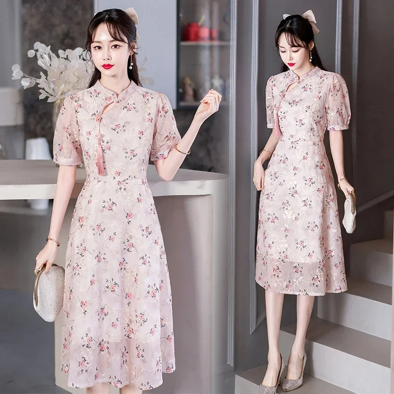 

Summer New Short Sleeve Elegant Improved Cheongsam Dress Vintage Chinese Traditional Qipao