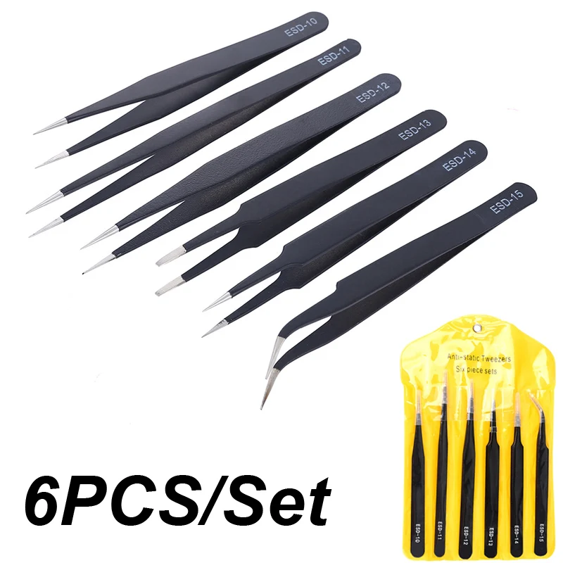 6PCS ESD Anti-Static Stainless Steel Tweezers Precision Maintenance Industrial Repair Curved Home Working Hand Phone Watch Tool