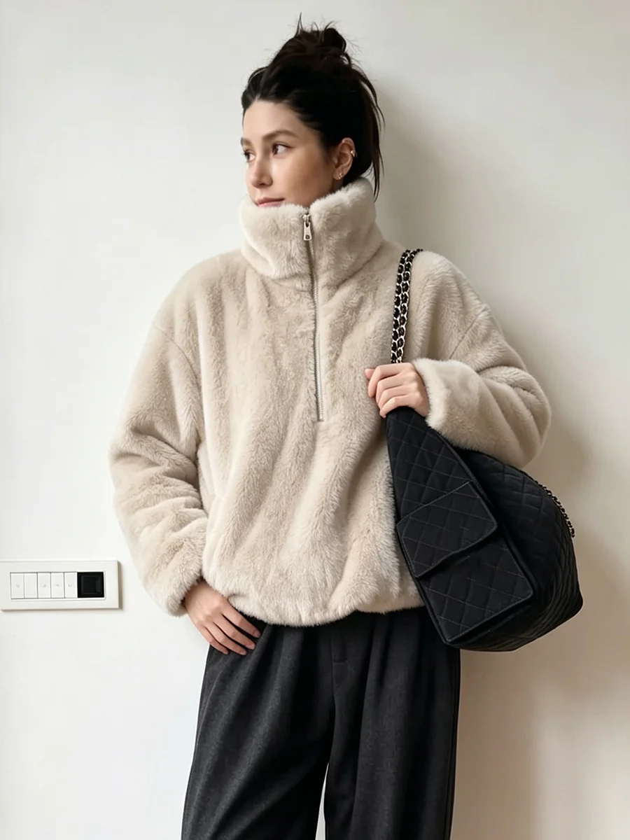 Women Faux Mink Fur Half Zip Sweatshirt Jacket High Collar Loose Short Plush Top Winter Warm Fluffy Lady Casual Outerwear