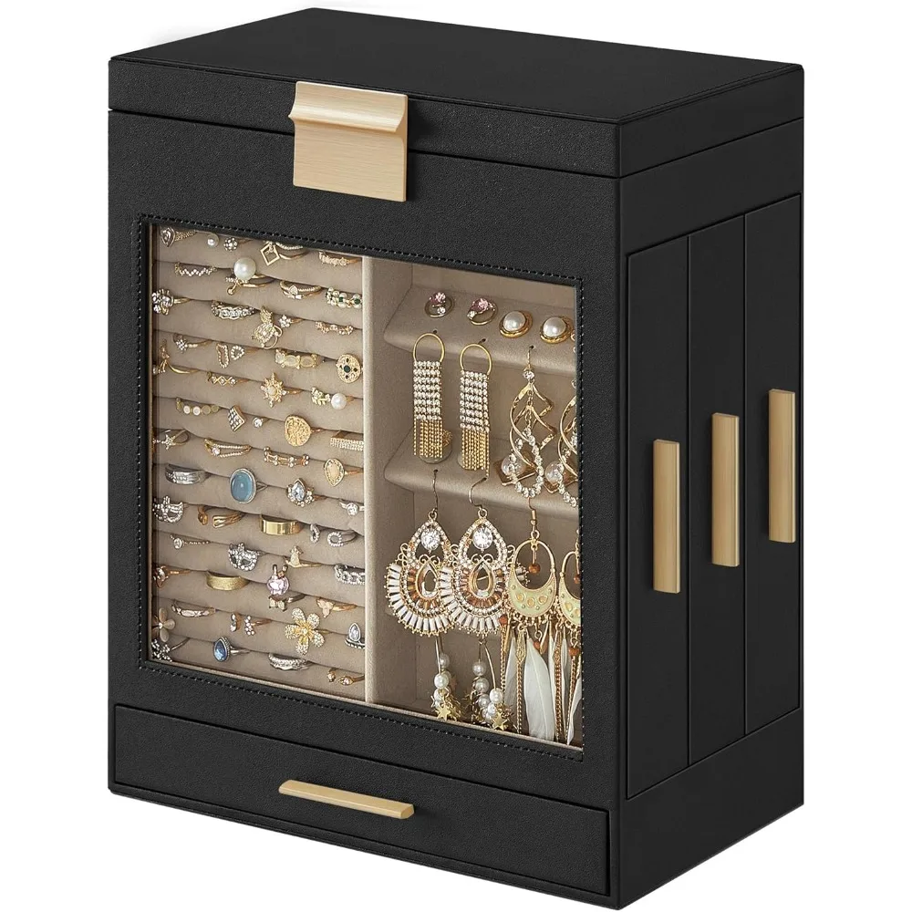 Jewelry Box with Glass Window, 5-Layer Jewelry Organizer with 3 Side Drawers, Jewelry Storage, with Big Mirror