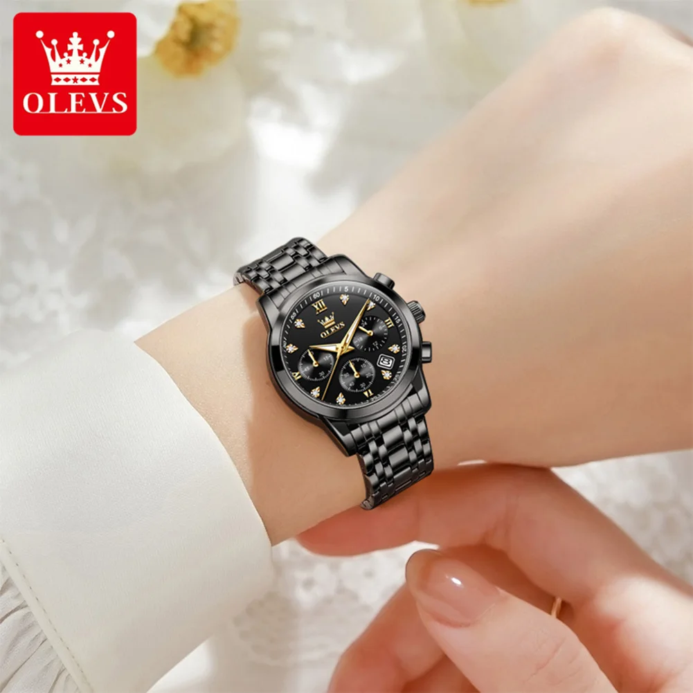 OLEVS 2858 Chronograph Quartz Movement Wristwatches for Woman Classic Auto Date Waterproof Stainless Steel Women's Watch