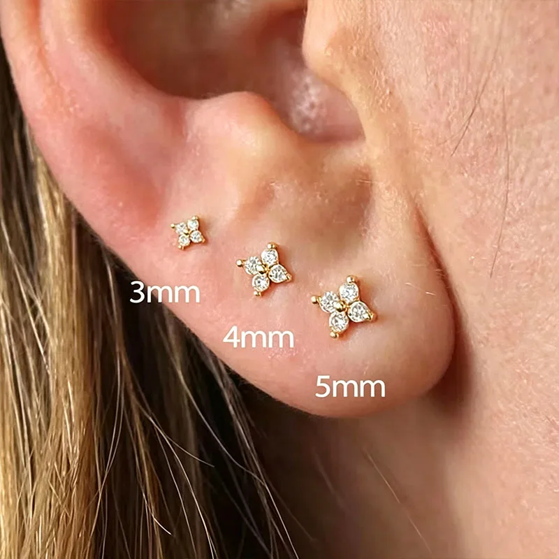 Classic Tiny Lucky Four Leaf Clover Zircon Studs, Multi-Size Pack 2/3/6Pcs Stainless Steel Women Ear Jewelry Gift