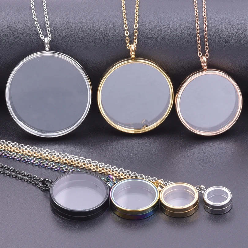 1Pc DY7 Stainless Steel 10-40mm Mix Color Round Glass Memory Coin Holder Picture Locket Pendant Necklaces For Women Men Jewelry