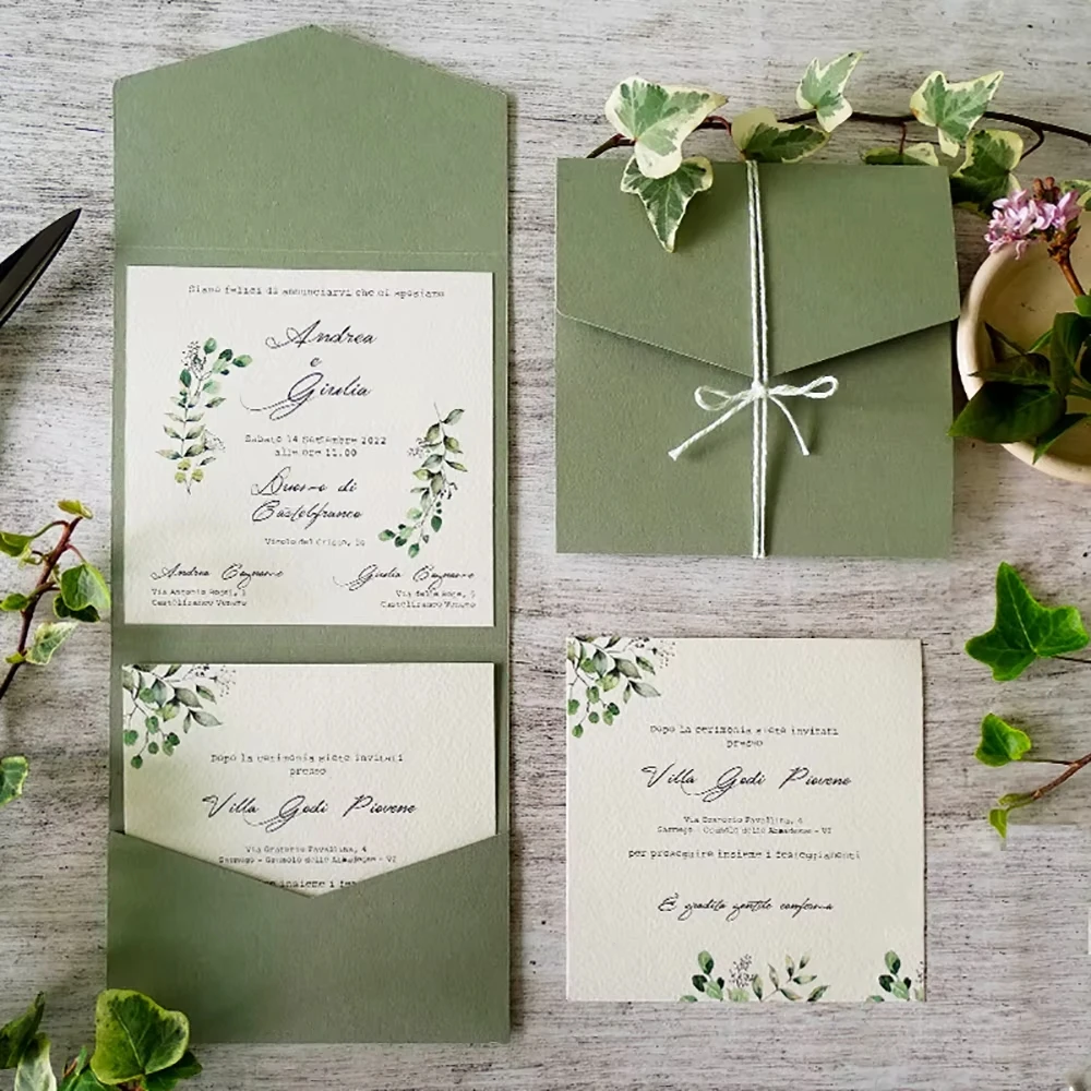 

100 Pieces Matte Sage Green Tri-fold Pocket Wedding Invitation, Customized Print DIY XV Bridal Shower Invitation Jacket IC164