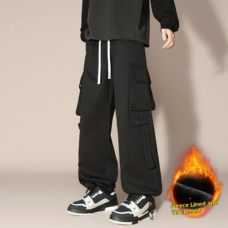 

Зимние толстые черные брюки-карго на флисовой подкладке с несколькими карманами, свободный широкий дизайн, регулировка шнурка, модные длинные брюки в уличном стиле, унисекс, теплые и универсальные