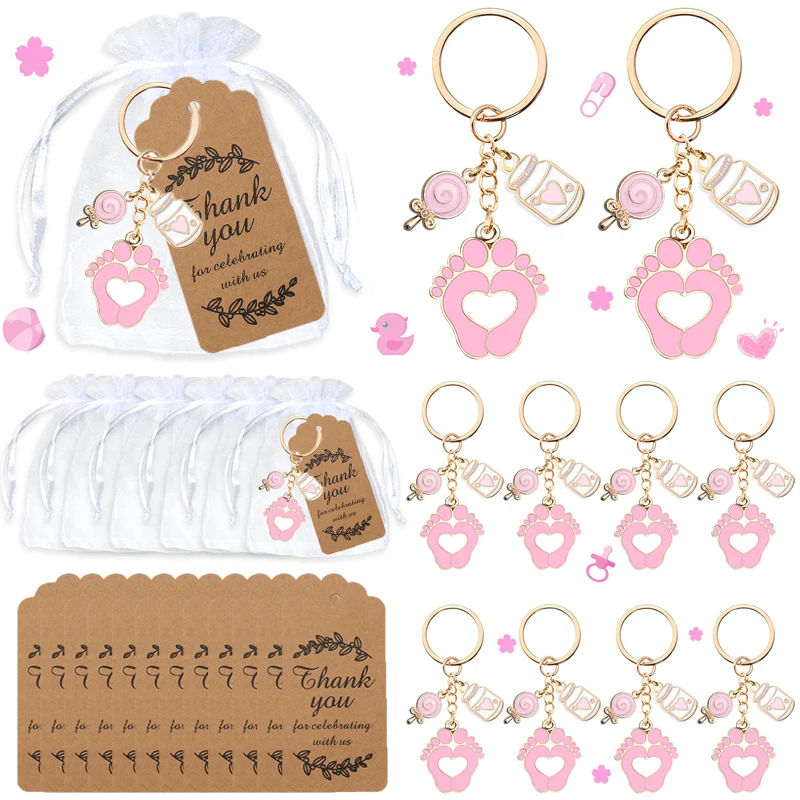 24 Sets Baby Shower Favors for Girl Pink Footprint Keychain Gifts Thank You Tags Christening Wedding Memories Guests Supplies