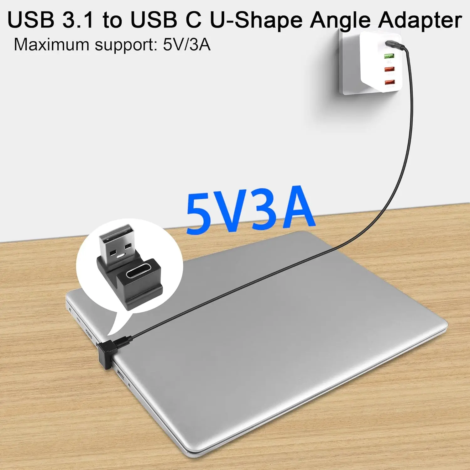 Conector USB A macho A USB C hembra, Conector de ángulo de 180 ° para carga 3A, transferencia de datos OTG, para ordenador portátil y tableta, 2 piezas, 10Gbps