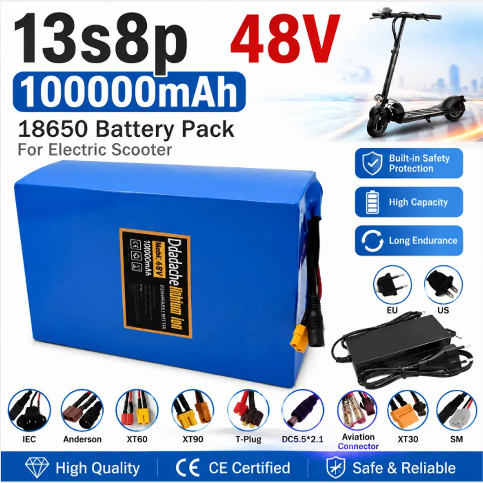 Image of 13S8P 48V 100Ah Lithium-Batterie 18650 Klasse A Zellen 2000W BMS XT60 JST Hochkapazitäts-Langstrecken-Akku für E-Bike und Scooter Versand aus Polen