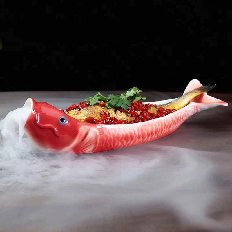 

Creative Hotel Ceramic Plate Household Dry Ice Smoke Artistic Conception Tableware Kitchen Attachment Base Fish-shaped Plate New