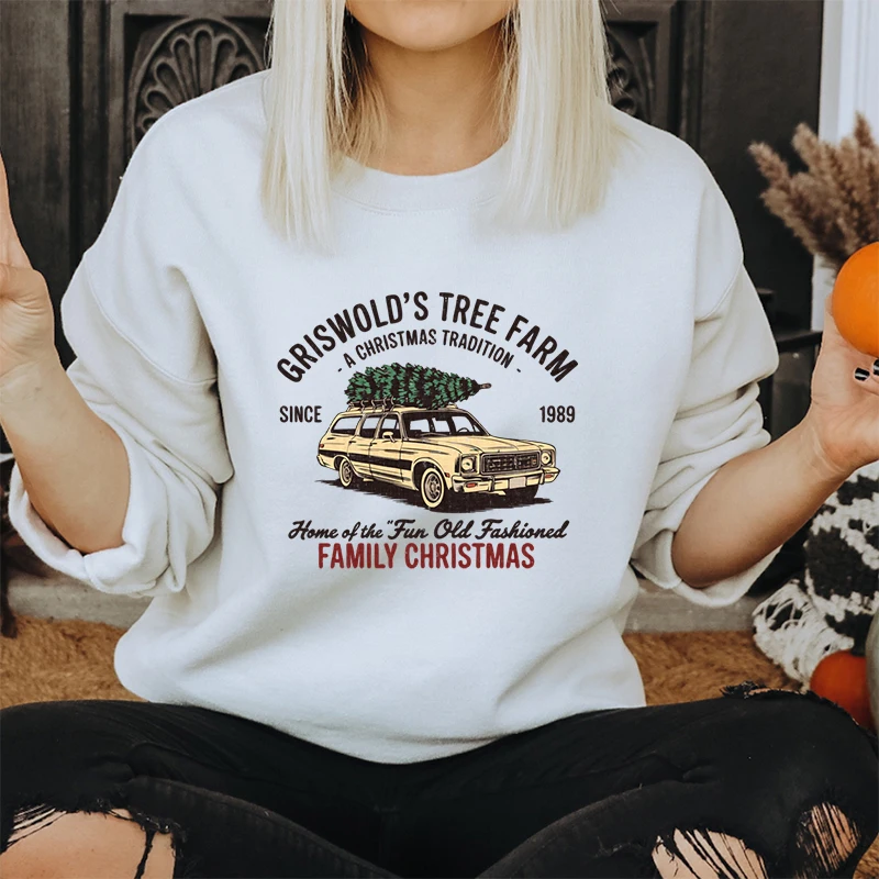 Family Christmas Tree Farm Graphic Fashion Casual Hoodies Festive Tree Car Classic Sweater Retro Christmas Womens Sweatshirts