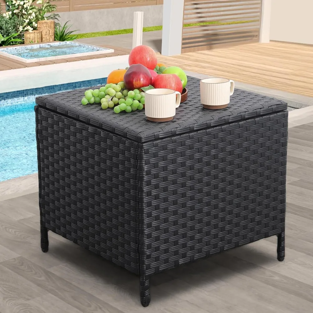 

Outdoor Wicker Storage Side Table, Patio Black PE Rattan End Table with Storage, Square Container for Furniture Covers,