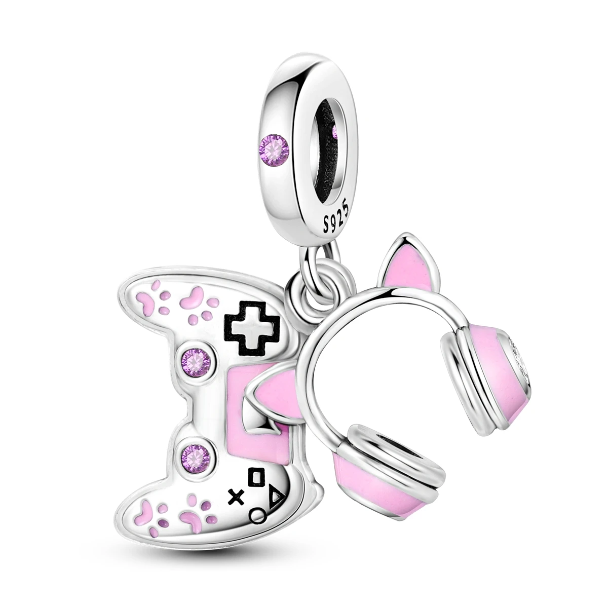 

925 Sterling Silver Gamer Girl Charms Pink Enamel Clear CZ Dangle Beads Fit Bracelets Necklace Women Gaming Jewelry Gift