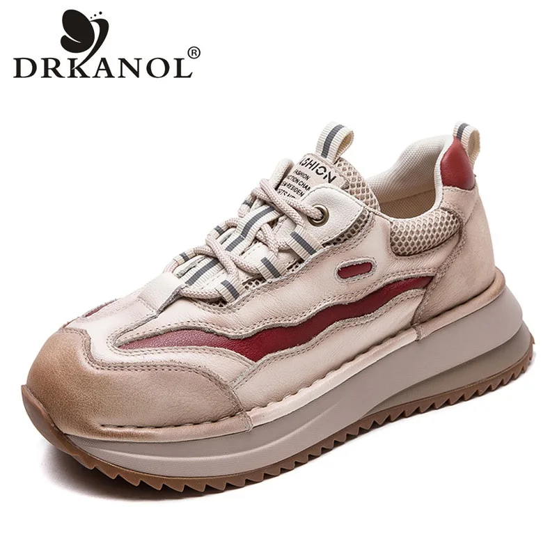 

DRKANOL 2026 Women Chunky Platform Casual Sneakers Mixed Colors Genuine Cow Leather Thick Sole Height Increasing Trend Shoes