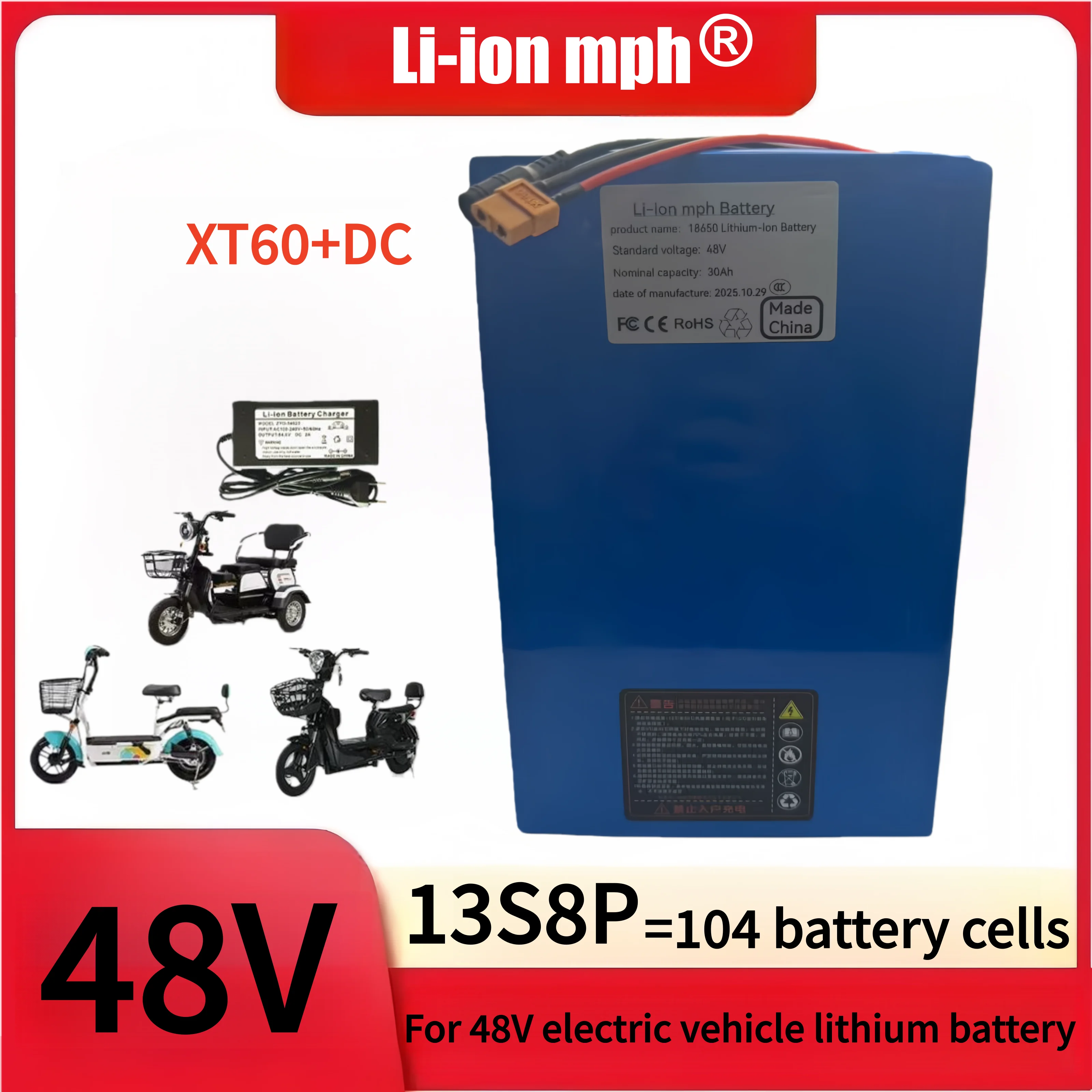 

18650 13S8P lithium battery pack 48V 30Ah 30000mAh large capacity suitable for 48V 250-1500W built-in BMS+54.6V2A charger bms