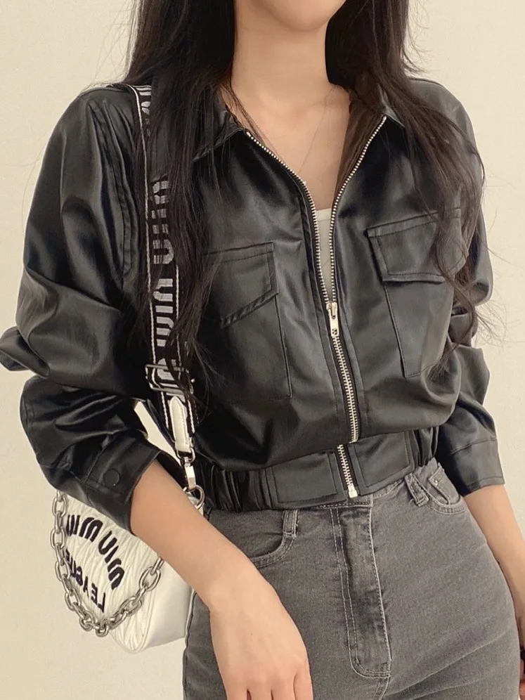 

Retro Hong Kong Sle Chic Bla PU Leather Jaet ort Collar Women's Faion Outerwear ort Length Zipper Closure Top
