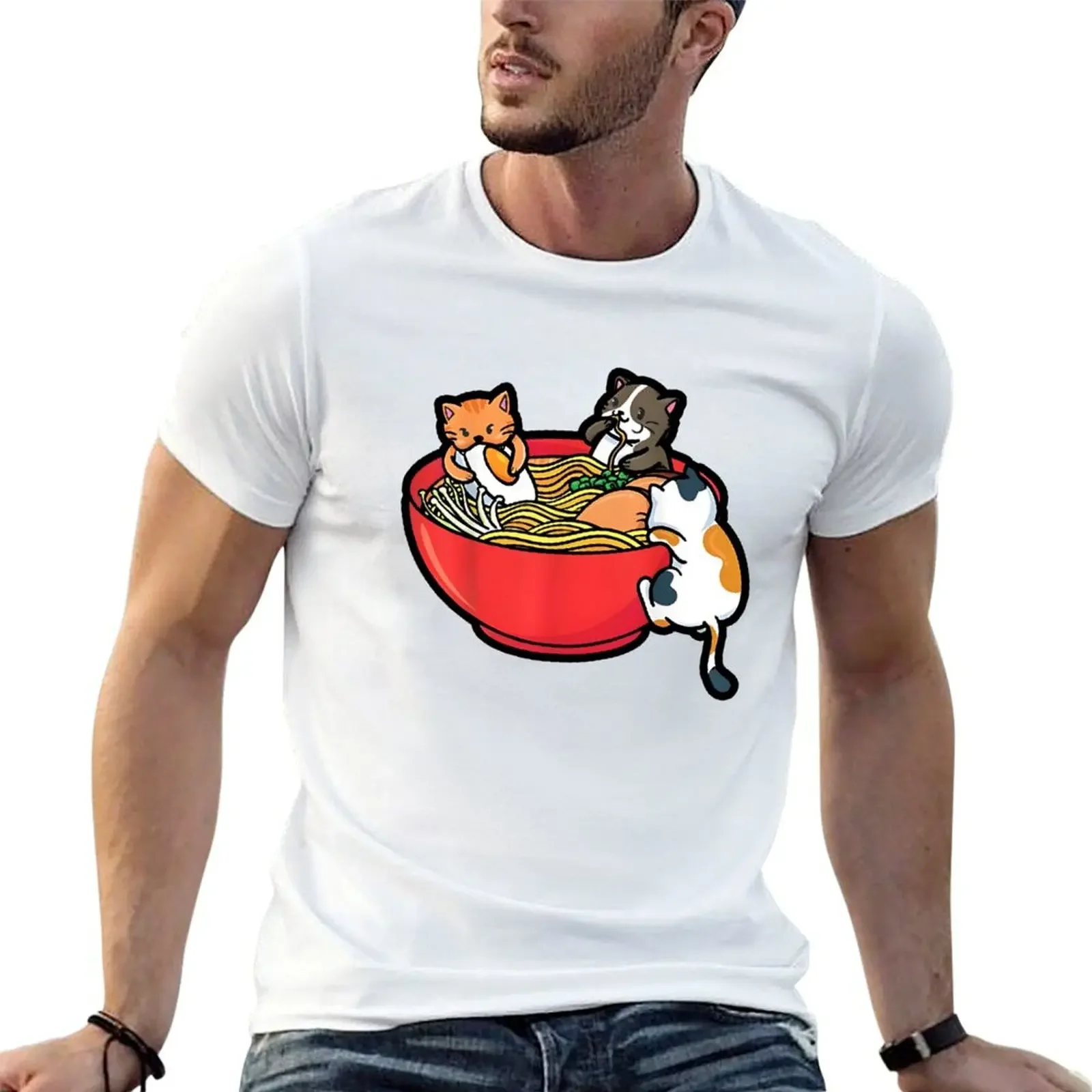 

Anime Cats Eat Japanese Ramen Noodles T-shirt tees cute tops mens clothes