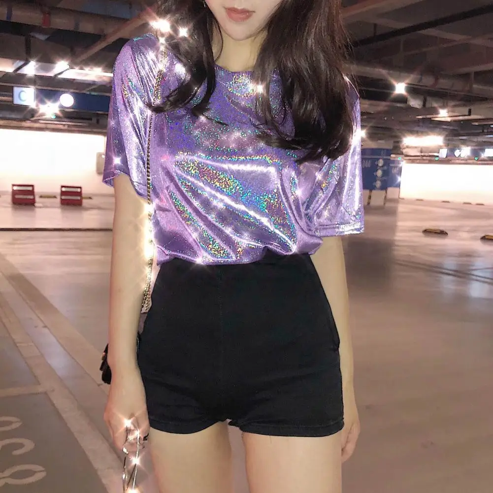 Women Performance T-shirt Round Neck Short Sleeve Loose Fit Glittery Reflective Tee Shirt Party Dance Pullover Tops