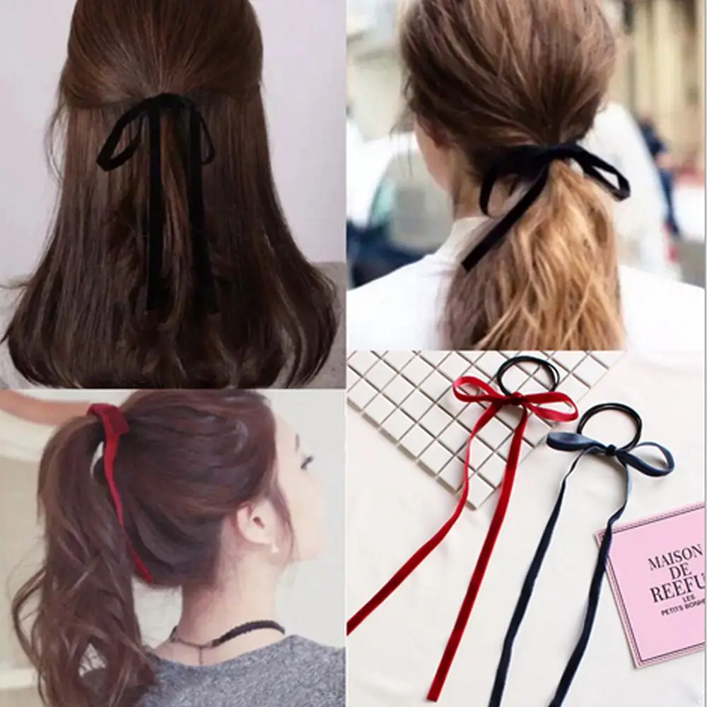 Velvet Cheer Bow Long Tassel Hair Ring Knotted Cheer Bow Women Ponytail Hair Ties Solid Color Rubber Band Hair Accessories