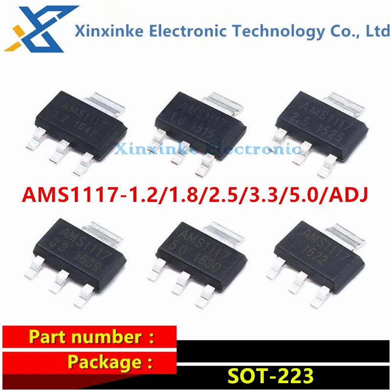 50PCS AMS1117-1.2 1.8 2.5 3.3 5.0V ADJ SOT-223 1117-1.5 Stabilized Power Supply Chip Step-down IC LDO Linear Voltage Regulation