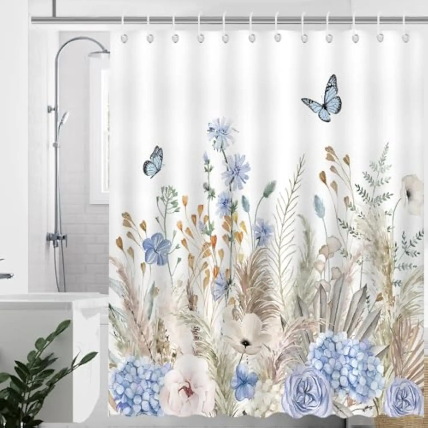 Boho Floral Shower Curtain Blue Floral Boho Leaves Grass Bathroom Shower Curtain Waterproof Fabric Shower Curtai