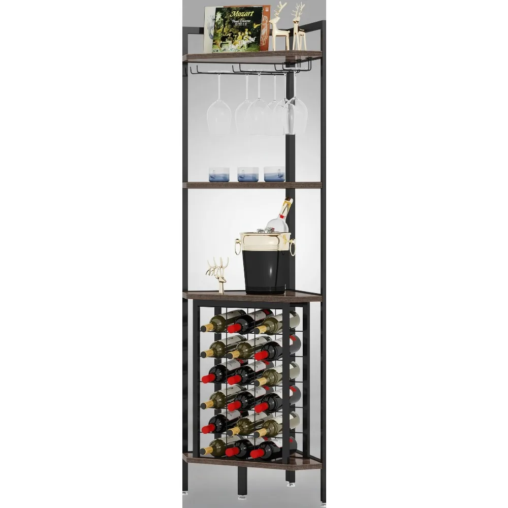 

Угловая полка для вина Отдельно стоящая напольная полка со стеклянным держателем для небольшого пространства, коричневая - компактная барная полка для хранения