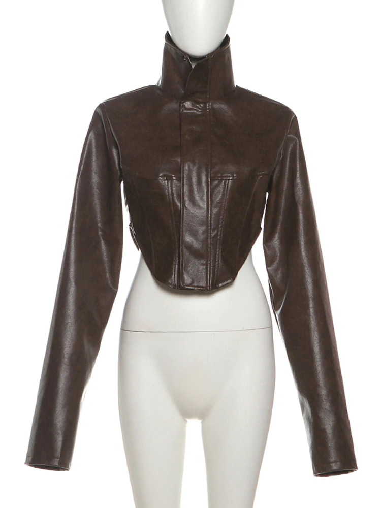 Nibber Hottie Crop Jacke Frauen Rollkragen Pu Unregelmäßige Zip Taste Volle Hülse Wilden Sexy Straße Mitternacht Herbst Hipster Mantel – Detail 11