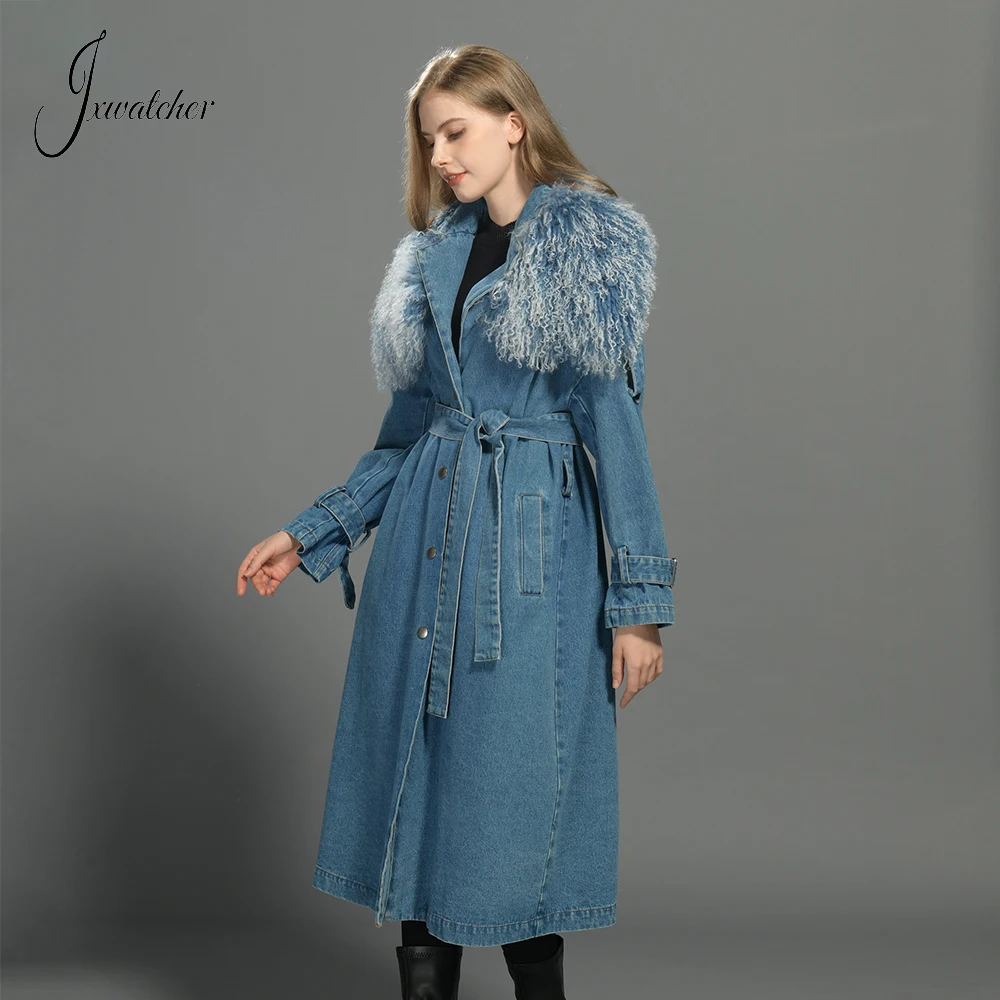 

Jxwatcher Women's Denim Windbreak With Real Mongolian Sheep Fur Collar Spring Ladies Long Denim Trench Coat New Outwear Autumn