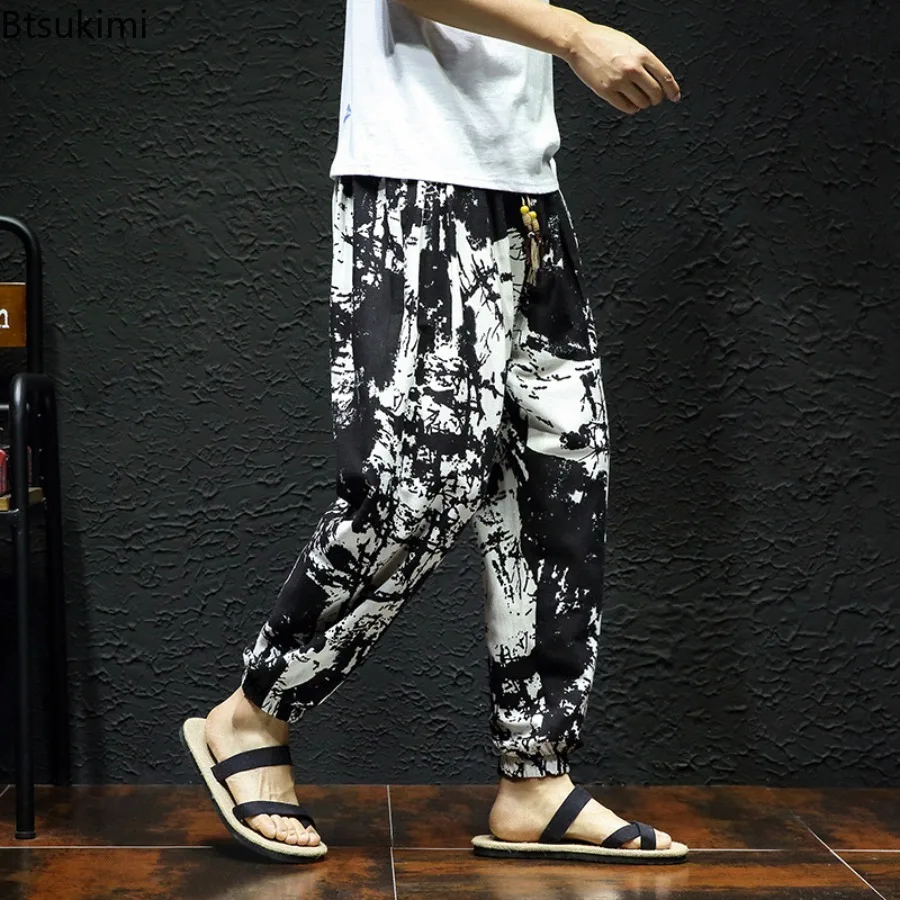 Summer Cotton Linen Pants 2025 Men's Fashion Harajuku Harem Pants Casual Hip Hop Streetwear Male Vintage Baggy Joggers Pants 5XL