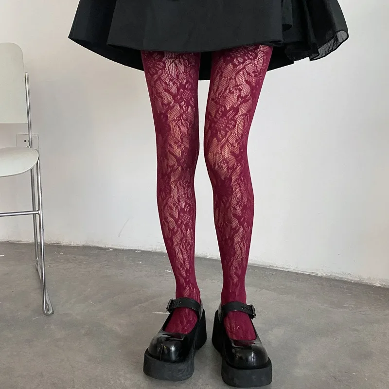 Women Lolita Lace Fishnet Stockings Sexy Red Black Nightclub Striped Pattern Stockings Pantyhose Fantasy Fancy Hollow Tights