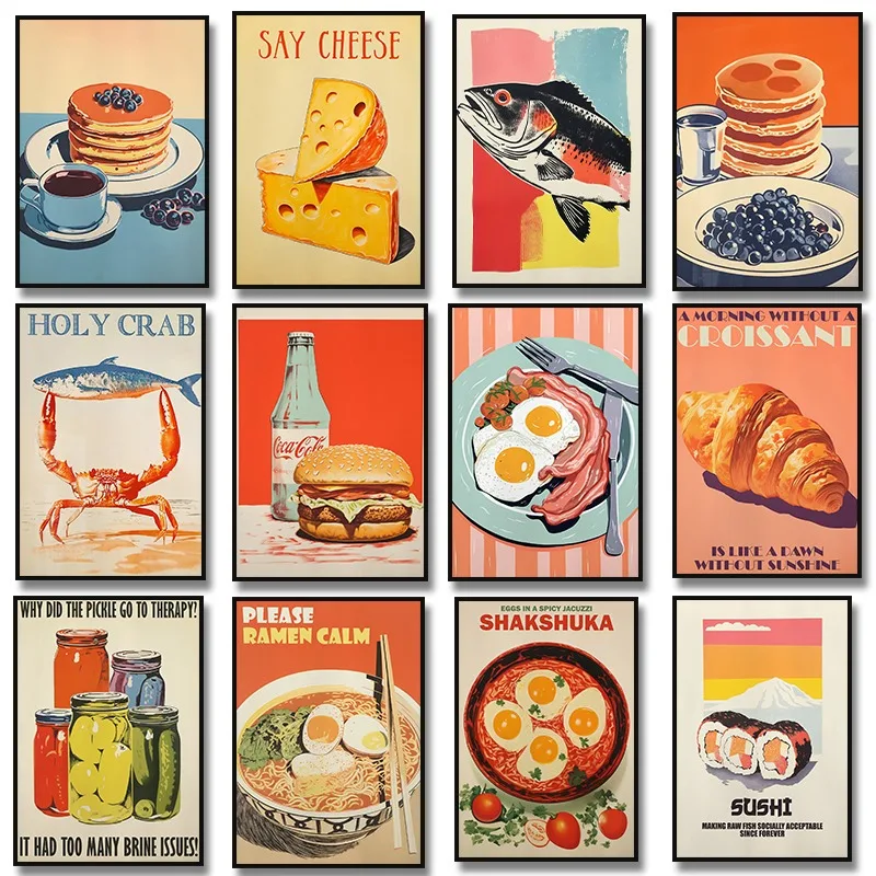 Póster de Lienzo sin Marco con Diseño Retro de Panqueques, Espaguetis, Queso, Sushi y Ramen, Arte de Pared para Desayuno, Impresión en Lienzo de Café