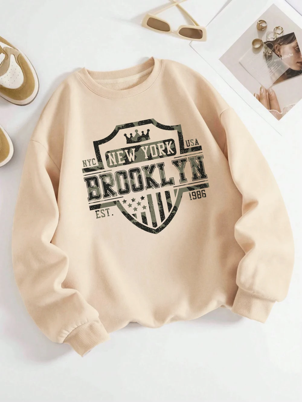 Brooklyn New York Usasweatshirts Women Letter Prints Hoodies Fleece Warm Crewneck Loose Pullover Winter Sporty Female Clothes