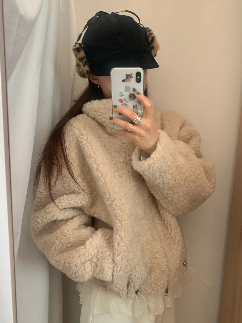 Elegancki płaszcz zimowy damski z futra jagnięcego, luźny, zapinany na zamek, ze stójką, uniwersalny, wysokiej jakości odzież wierzchnia, ocieplany wełną...