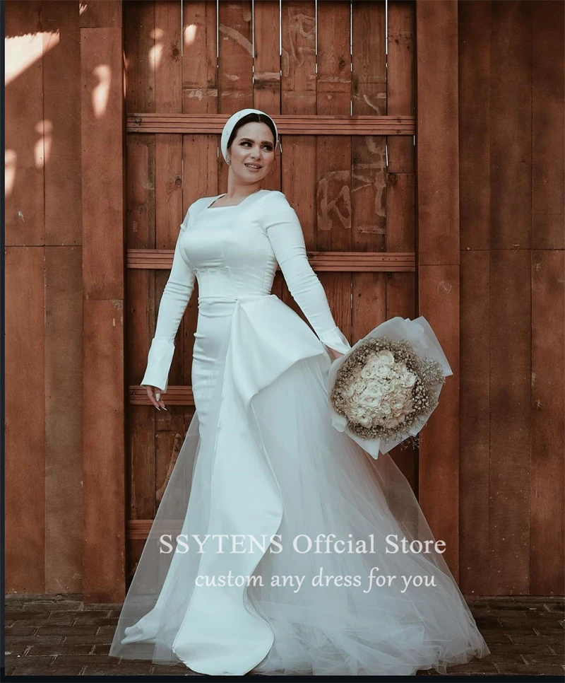 SSYTENS Modern Satin Mermaid White Wedding Dress For Woman Saudi Bride Dresses Square Neck Long Sleeves Dubai Civil Bridal Gowns