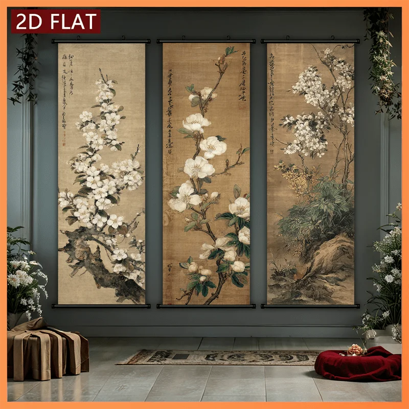 Oriental Antique Flower-and-Bird Scroll Tapestry, Vertical Wall Hanging in Ancient Chinese Painting Style, Artistic Wall Decor