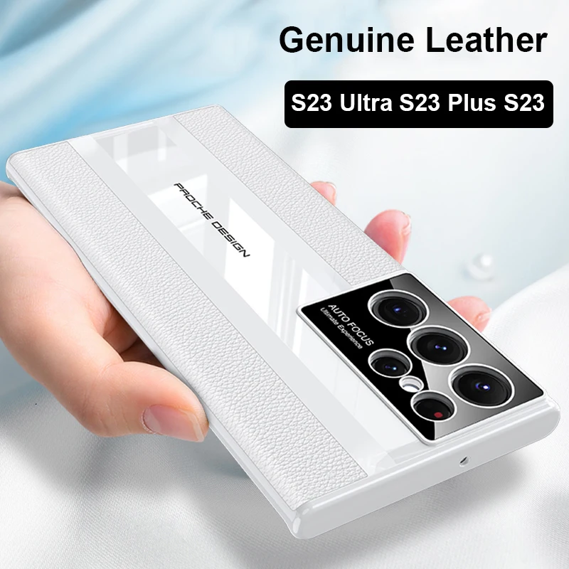 

S23 Ultra Genuine Leather Case For Samsung Galaxy S22 Ultra S23 Plus S24 Plating PC Bumper Camera Lens Protector Phone Cover