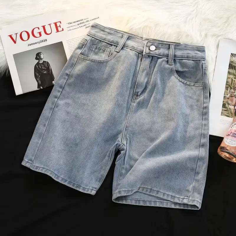 Summer Men\'s Baggy Blue Denim Shorts Fashion Straight Wide Leg Five Points Shorts Jeans Streetwear