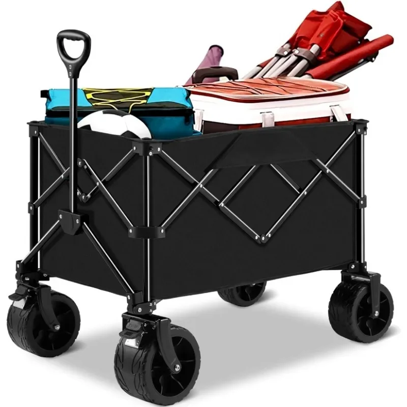 Collapsible Folding Wagon Large Capacity, Heavy Duty Beach Wagon Cart with Big All-Terrain Wheels, Outdoor Utility Wagon