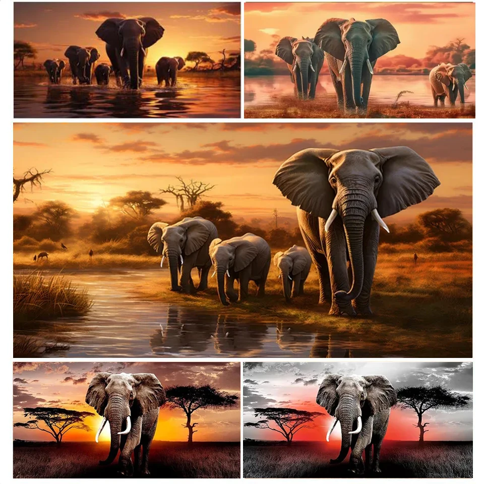 Vendita di pittura diamante di grandi dimensioni che cammina tramonto cascata africana famiglia di elefanti 5D fai da te mosaico completo ricamo