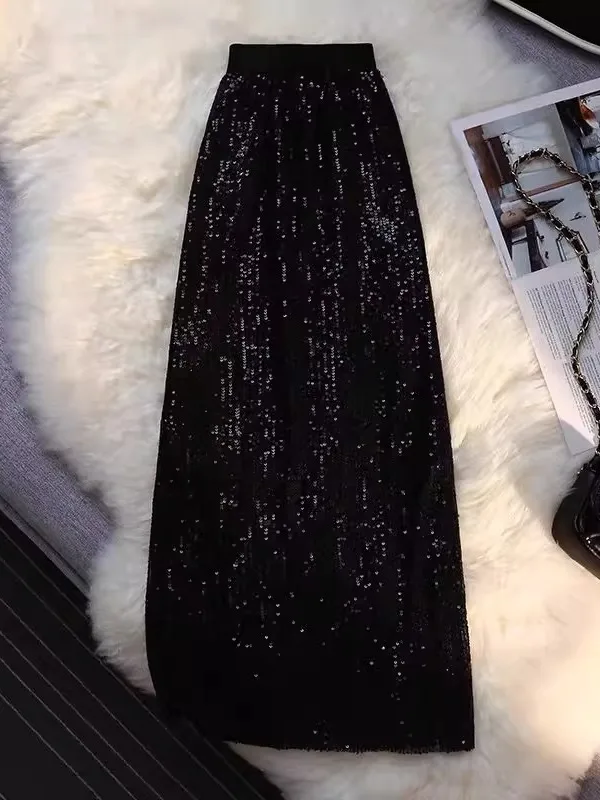 Elegant Sequin High Waist Midi Skirt Women's Autumn Winter Straight Cut Slimming Small Size One Step Skirt Korean Style