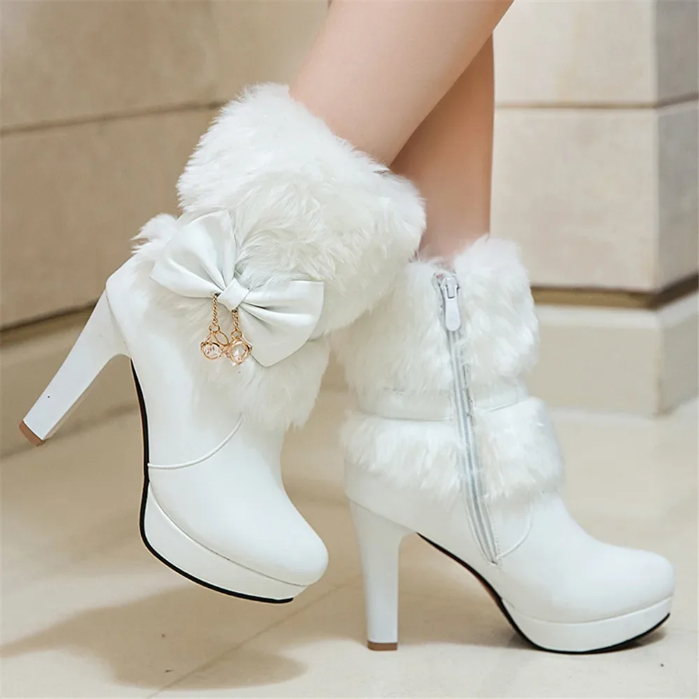 

Winter Womens Fur Tassel Bowtie bow high heel booties Pink White Black Lovely Lolita Ladies Party Wedding Shoes free shipping