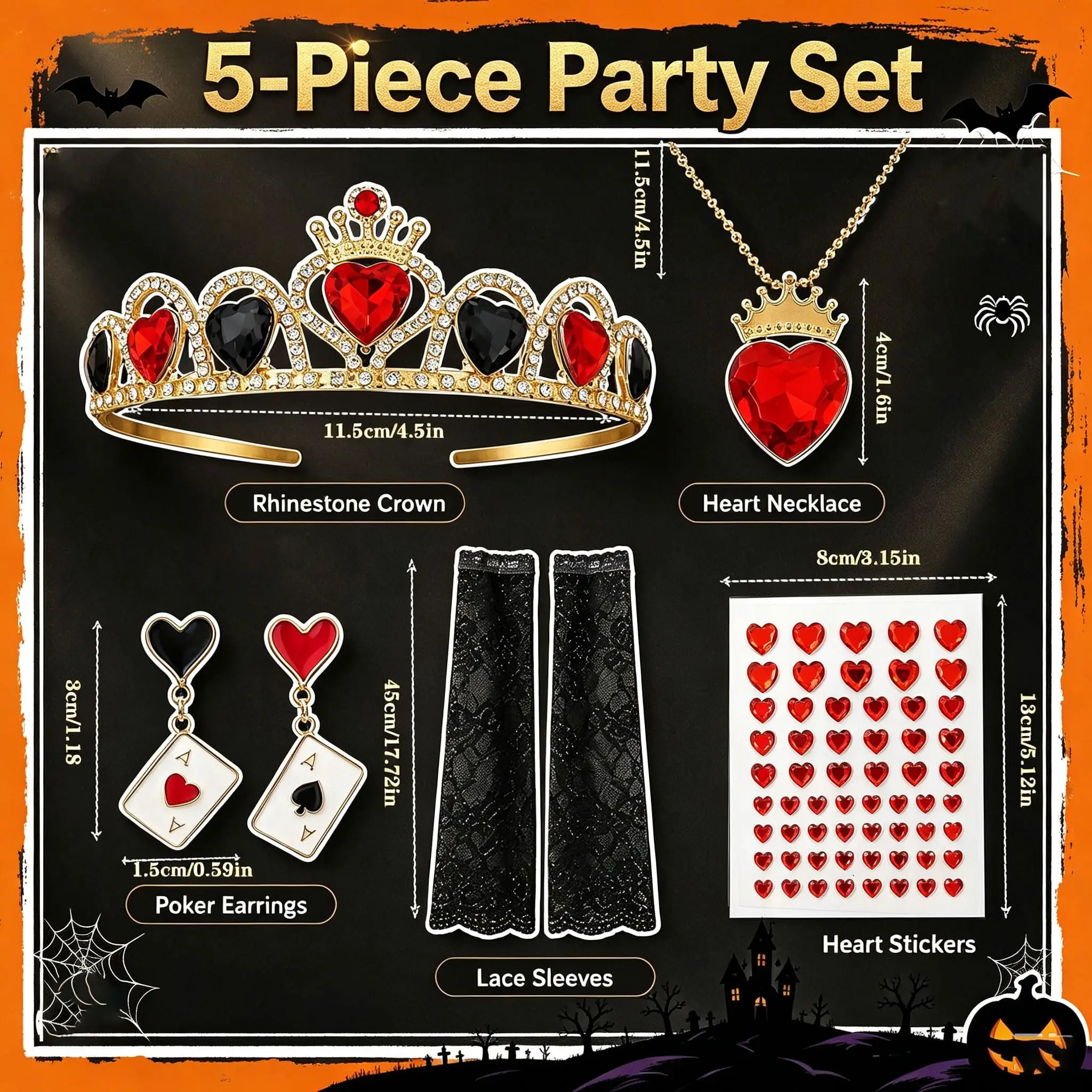 5 Pcs Halloween Queen Costume Accessories Set for Women, Rhinestone Crown, Heart Pendant Necklace, Earrings, Black Lace Arm Sleeves and Red Heart Stickers for Halloween Party Dress Up